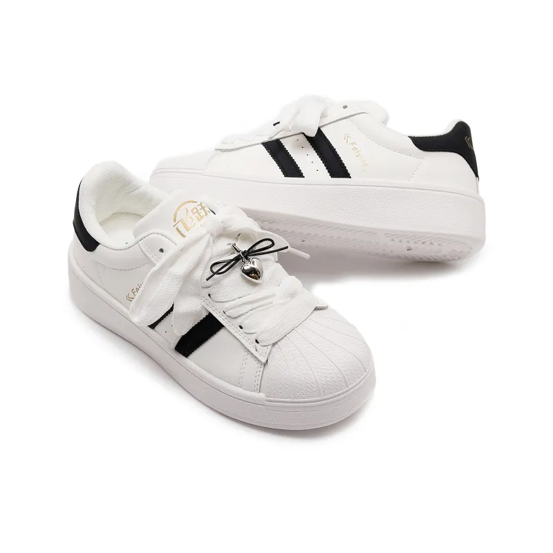 Feiyue Girly Heart Series Abrasion Resistant Lightweight Height Increasing Low Top Skateboard Shoes Women's White-4