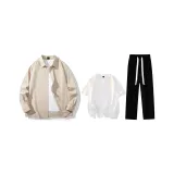 Clothing Set (Khaki Shirt+White Short-Sleeved Shirt+Black Casual Pants)