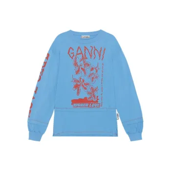 GANNI Light Jersey Love O Neck Layered T Shirt 'Azure Blue'