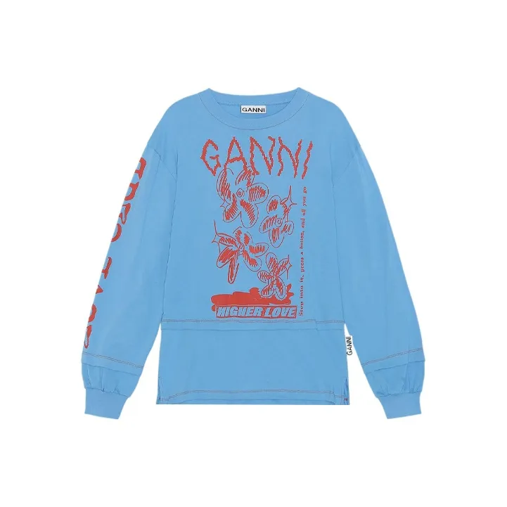 GANNI Light Jersey Love O Neck Layered T Shirt 'Azure Blue'-0