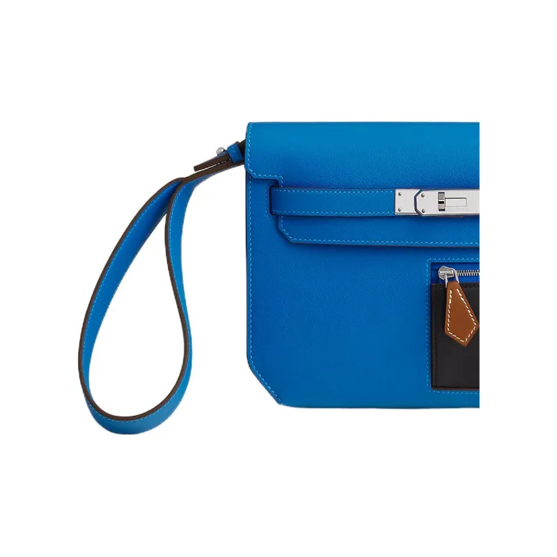 HERMES Kelly Depeches Colormatic Cow Leather Clutch Men's Mermaid Blue/Black/Light Tawny-3