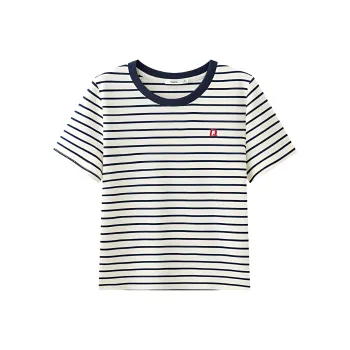 Three Blessings T Shirt Women's Apricot Base With Blue Stripes