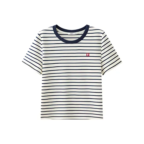 Three Blessings T Shirt Women's Apricot Base With Blue Stripes