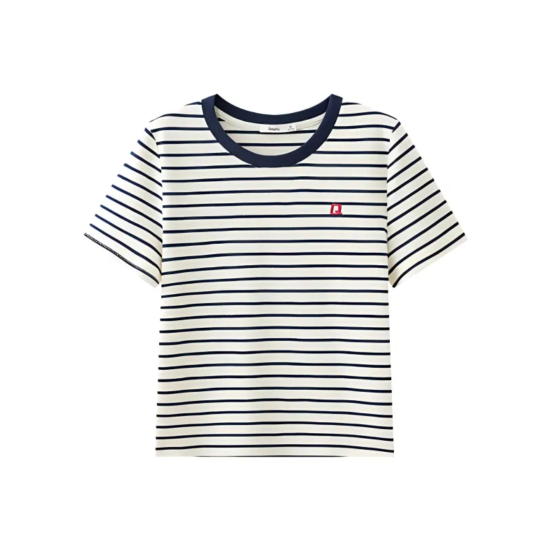 Three Blessings T Shirt Women's Apricot Base With Blue Stripes-0