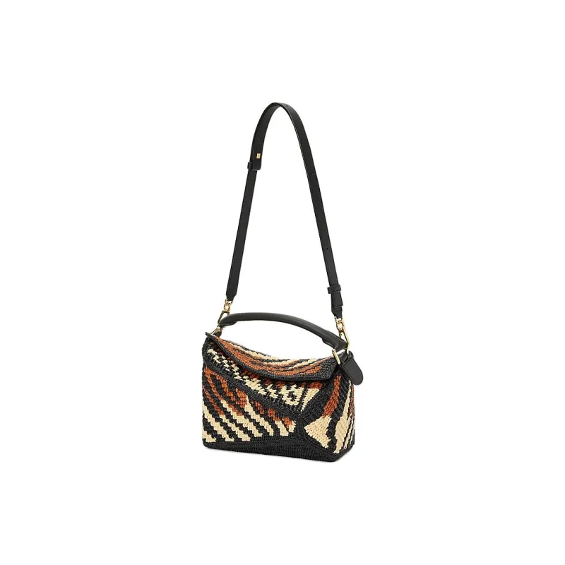 LOEWE Puzzle Raffia With Cow Leather Shoulder Bag, Crossbody Bag, Handbag Small Size Women's Black & Honey Gold-1