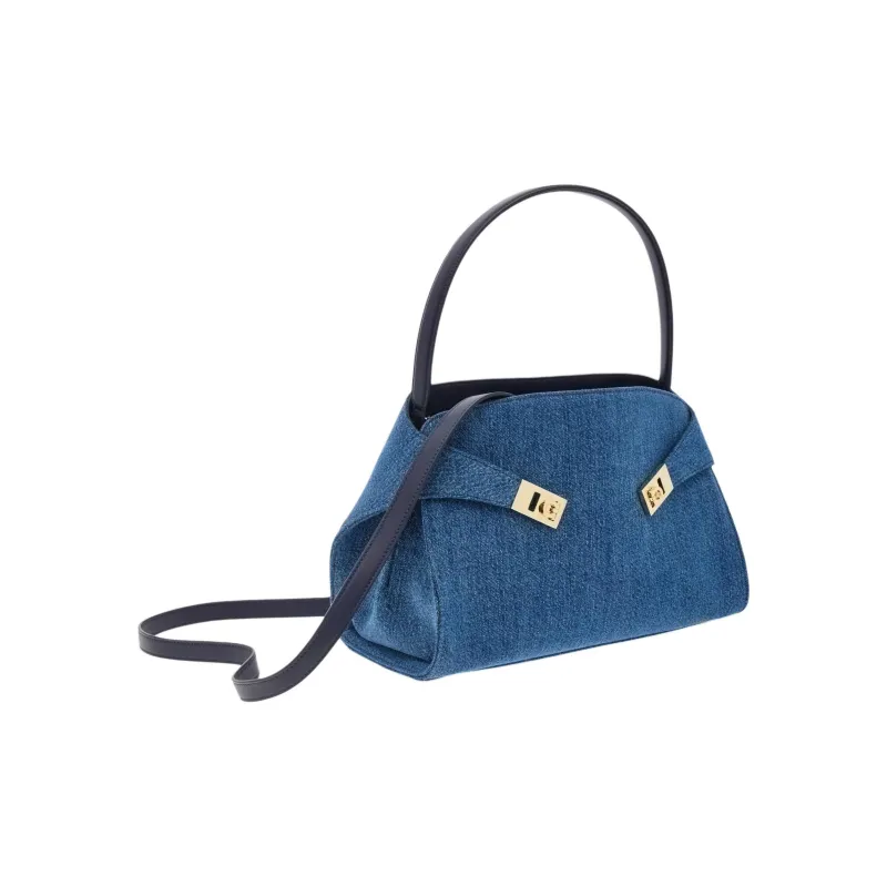 FERRAGAMO Hug Fabric With Calfskin Handbag Large Size Women's Denim-3