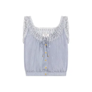 CELINE Embroidered Folk Top In Striped Cotton And Cashmere
