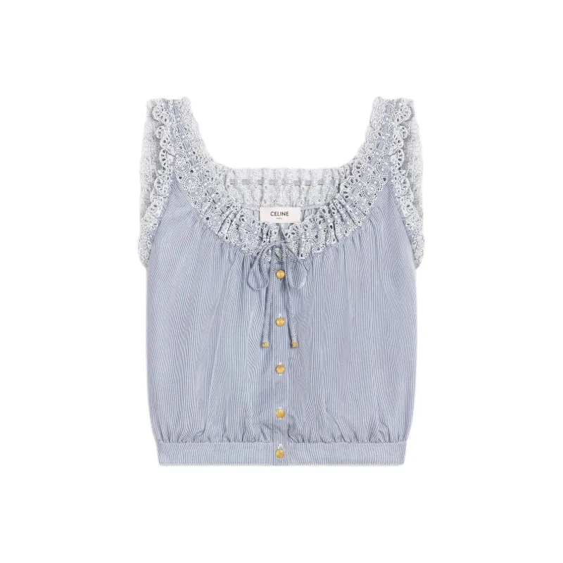 CELINE Embroidered Folk Top In Striped Cotton And Cashmere-0