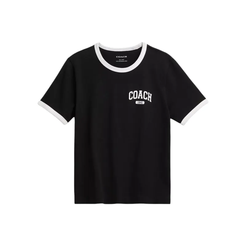COACH Crew Neck Color Block Trim Short Sleeved Regular T Shirt Women's Black-0