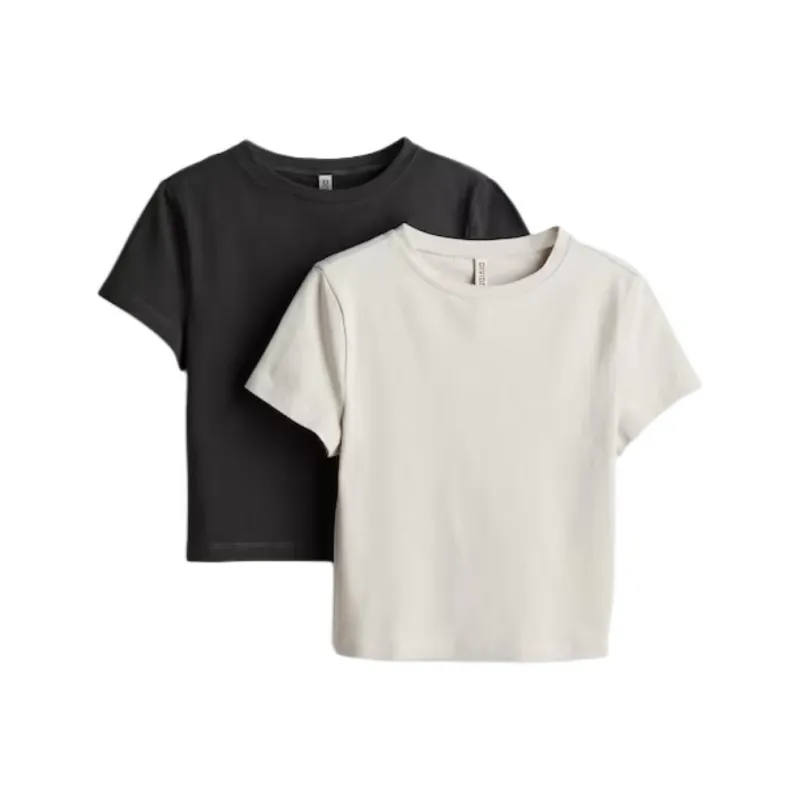 H&M T Shirts Women's 2 Pack Light Beige+Dark Gray-0