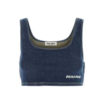 MIU MIU Logo Embroidered Denim Cropped Top