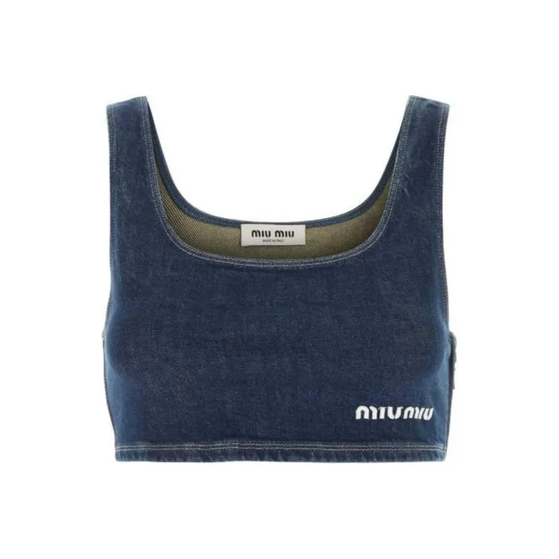 MIU MIU Logo Embroidered Denim Cropped Top-0