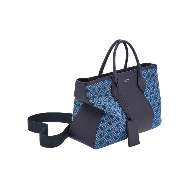 FERRAGAMO Fabric With Hammered Texture Calfskin Tote Bag, Shopping Bag, Handbag Large Size Men's Denim-1