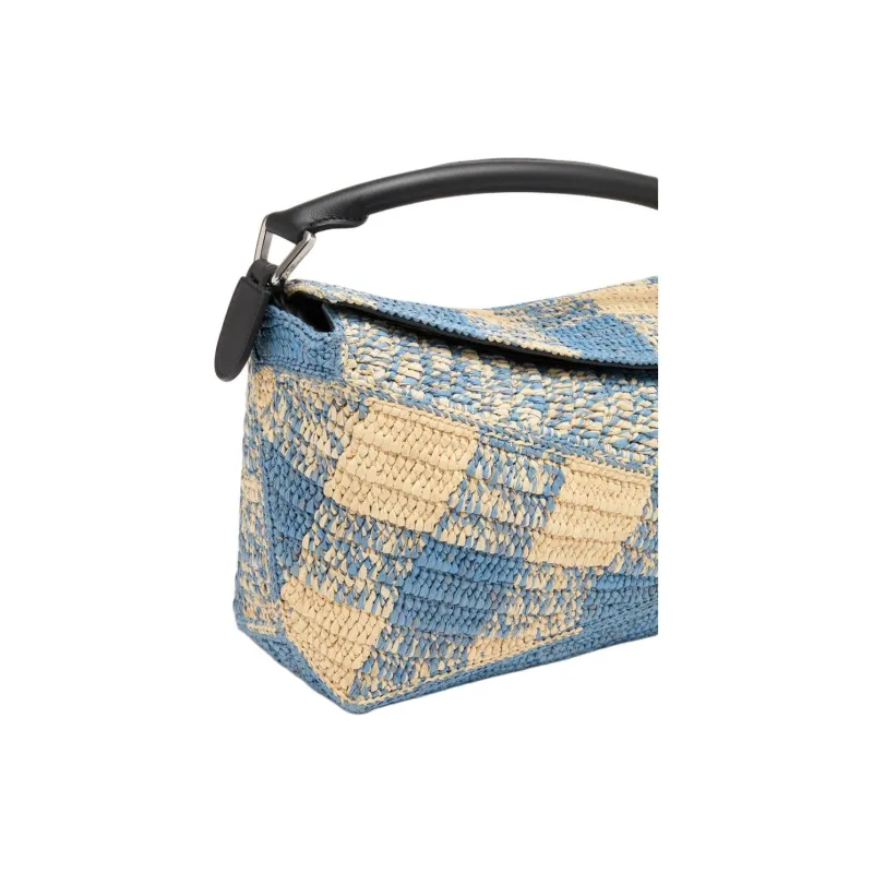 LOEWE Puzzle Raffia One Shoulder Handbag Trumpets Women's Light Blue & Beige-7
