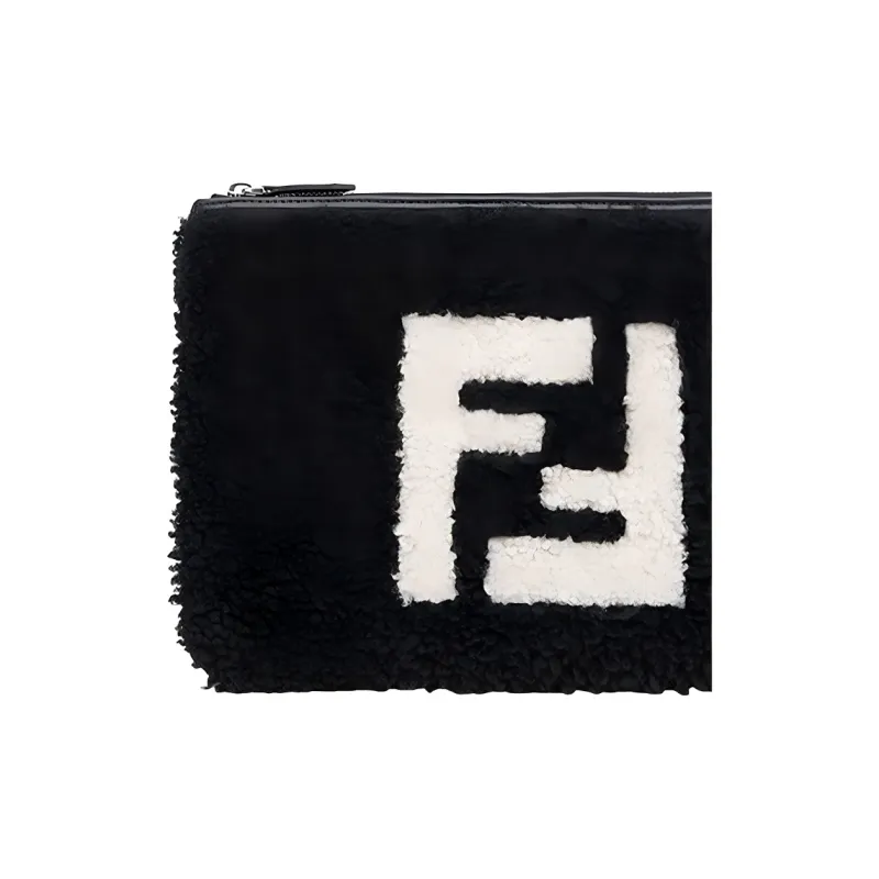 FENDI Sheepskin Clutch Men's Black White-3