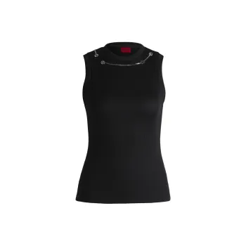 HUGO BOSS Solid Color Logo Letter Print Necklace Crew Neck Pullover Fitted Sleeveless T-Shirt Women's Black