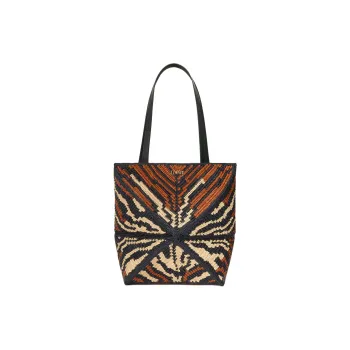 LOEWE Puzzle Fold Raffia With Cow Leather Handbag, Shoulder Bag Medium Size Women's Black & Honey Gold