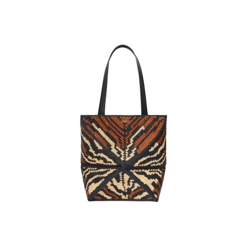 LOEWE Puzzle Fold Raffia With Cow Leather Handbag, Shoulder Bag Medium Size Women's Black & Honey Gold