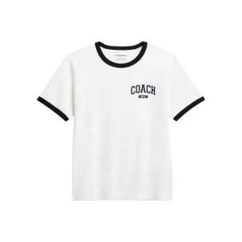 COACH Crew Neck Color Block Trim Short Sleeved Regular T Shirt Women's White