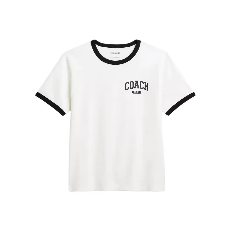 COACH Crew Neck Color Block Trim Short Sleeved Regular T Shirt Women's White-0