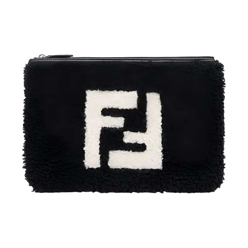 FENDI Sheepskin Clutch Men's Black White-0