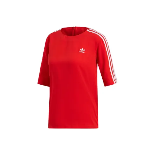 Adidas Originals 3 Stripes Drop Shoulder Sleeve T Shirt Women's Red