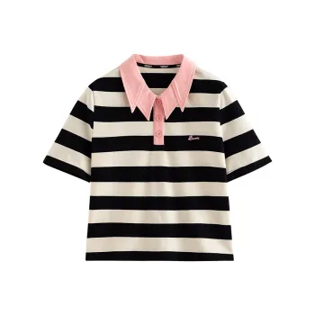 Initial Language T-Shirt Women's Black Beige Stripe