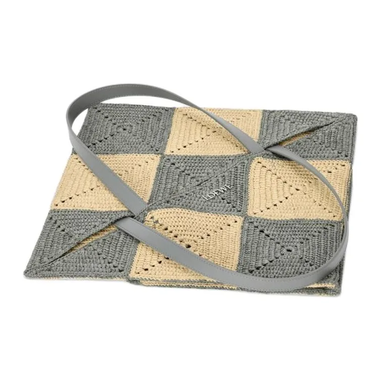 LOEWE Puzzle Fold Raffia Shopping Bag, Shoulder Bag Extra Large Men's Gray & Beige-5