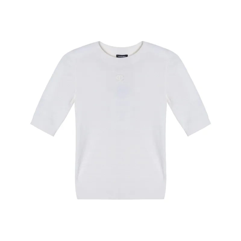 CHANEL Solid Color Crew Neck Straight Fit Short Sleeved Shirt T Shirt Women's White-0
