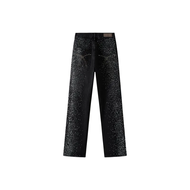 BLANC & ECLARE Firework Design Cool Washable Heavy Draped Button Floor Length Mid Rise Jeans Unisex Blue-6