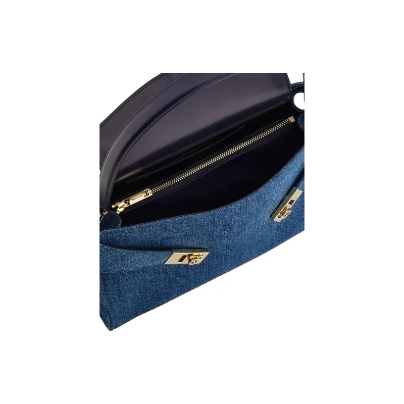 FERRAGAMO Hug Fabric With Calfskin Handbag Large Size Women's Denim-4