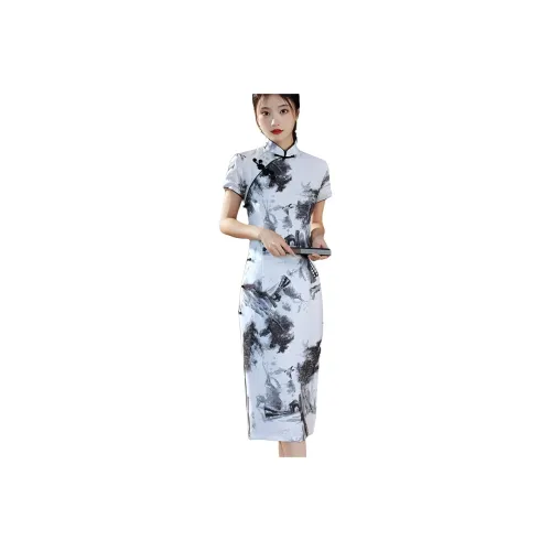 ENEESSI Cheongsam Women's Black White Ink Wash Painting