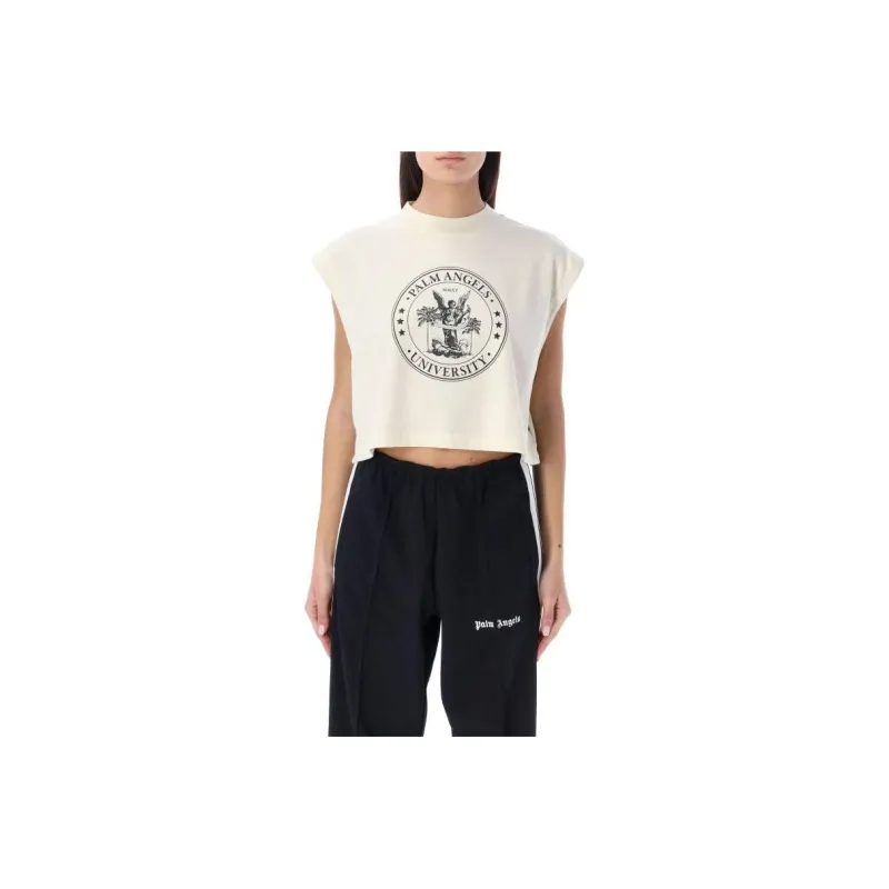 PALM ANGELS College Logo Print Muscle T Shirt Cream White-0