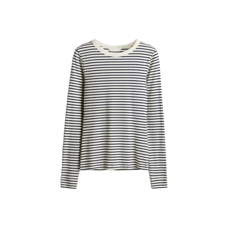 H&M T Shirt Women's Cream/Marine Blue Stripe-0