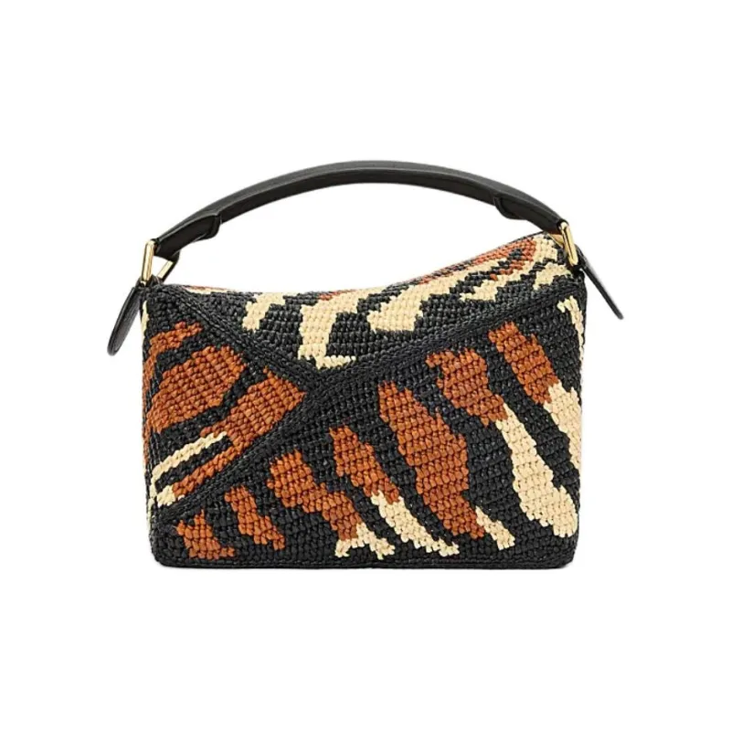 LOEWE Puzzle Raffia With Cow Leather Shoulder Bag, Crossbody Bag, Handbag Small Size Women's Black & Honey Gold-5