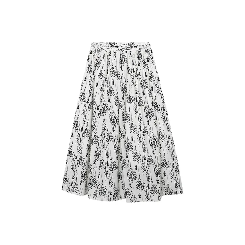 CHARM PICK Casual Long Skirt Women's White Base With Branches And Leaves-1