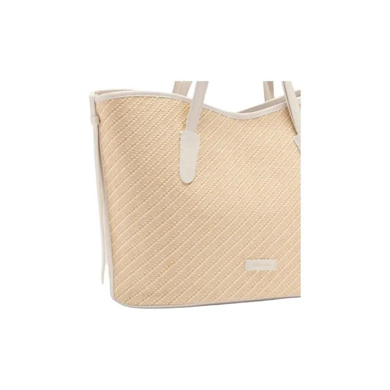 COCCINELLE Never Without Flat Yarn Woven Fabric Tote Bag, Shopping Bag, Handbag, Shoulder Bag Tubas Women's Beige-2