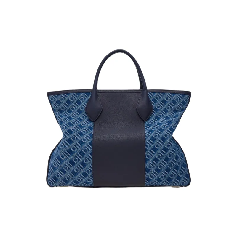 FERRAGAMO Fabric With Hammered Texture Calfskin Tote Bag, Shopping Bag, Handbag Large Size Men's Denim-3