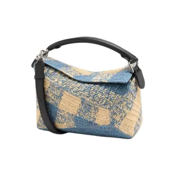 LOEWE Puzzle Raffia One Shoulder Handbag Trumpets Women's Light Blue & Beige