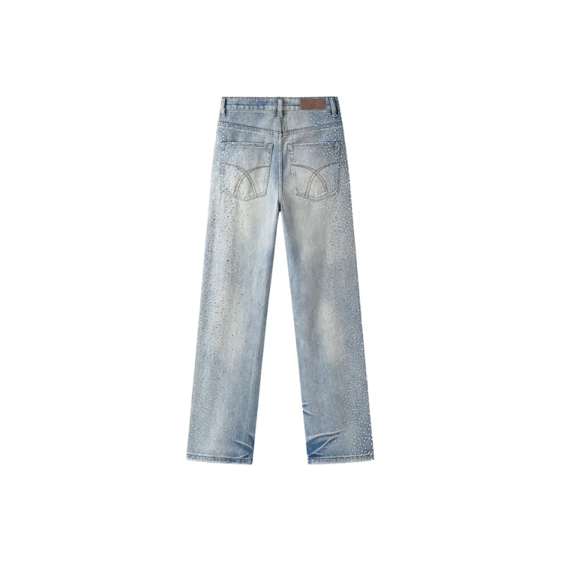 BLANC & ECLARE Firework Design Cool Washable Heavy Draped Button Floor Length Mid Rise Jeans Unisex Blue-1