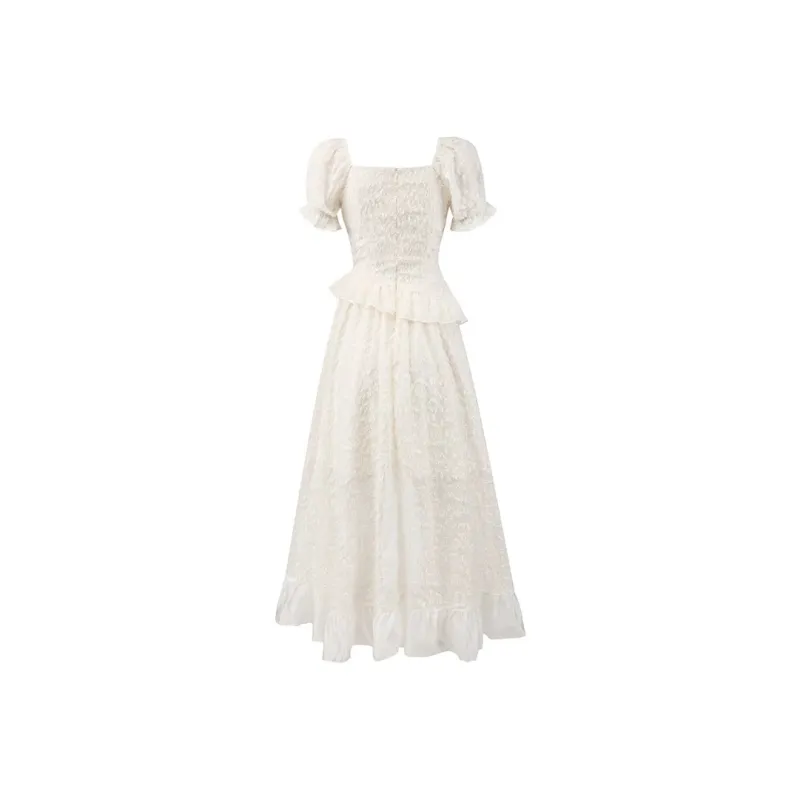 Yvetteclassic Short Sleeved Dress Women's Apricot With Chest Flower-1