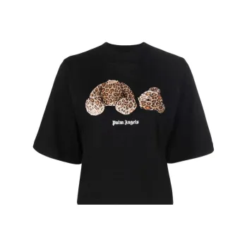 PALM ANGELS Women'ss Leopard Bear Cropped T Shirt Black/Brown
