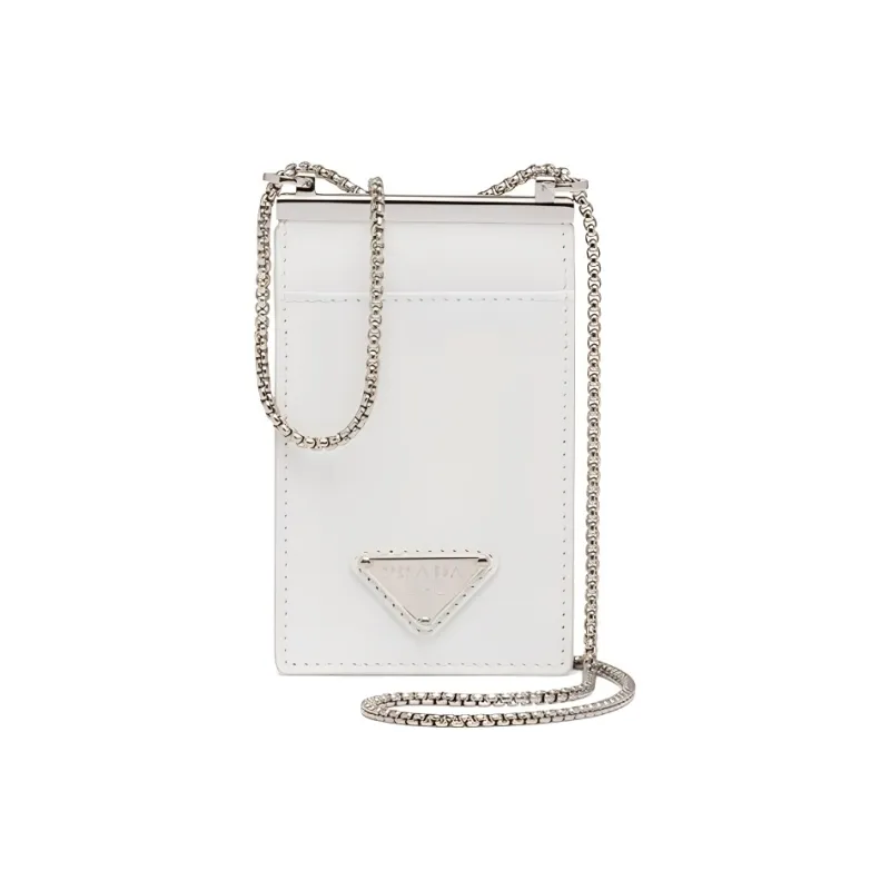PRADA Leather Square Card Holder, Crossbody Card Holder Mini Women's White-0