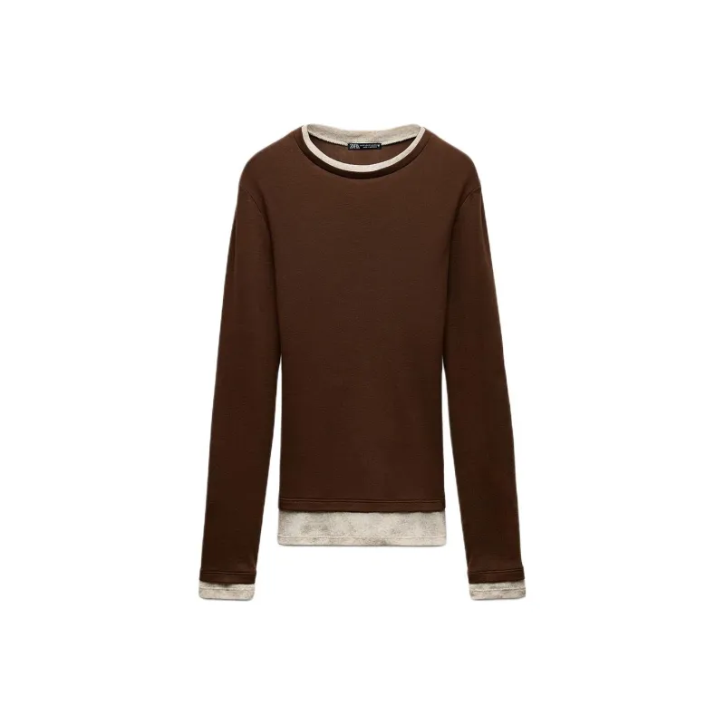 ZARA Drop Shoulder Sleeve T Shirt Women's Brown-0