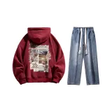 Clothing Sets (Burgundy Sweatshirt+Dark Blue Washed Jeans) (Fleece-Lined)