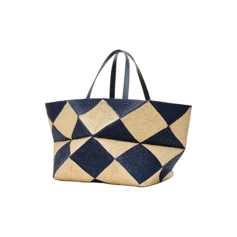 LOEWE Puzzle Fold Raffia Shopping Bag, Shoulder Bag Extra Large Men's Beige & Blue-1
