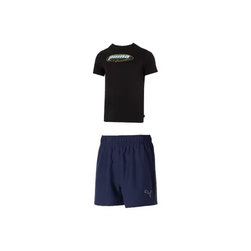 PUMA Casual Sportswear Men Set Black Top+Tweed Blue tiered shorts