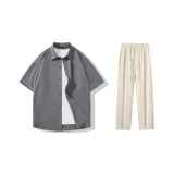 Clothing Set (Medium Gray Short-Sleeved Shirt+Ecru Casual Pants)
