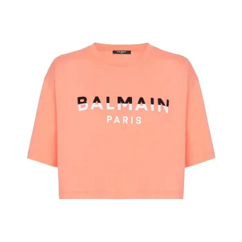 BALMAIN Flocked Logo Cropped T Shirt 'Salmon/Black/White'