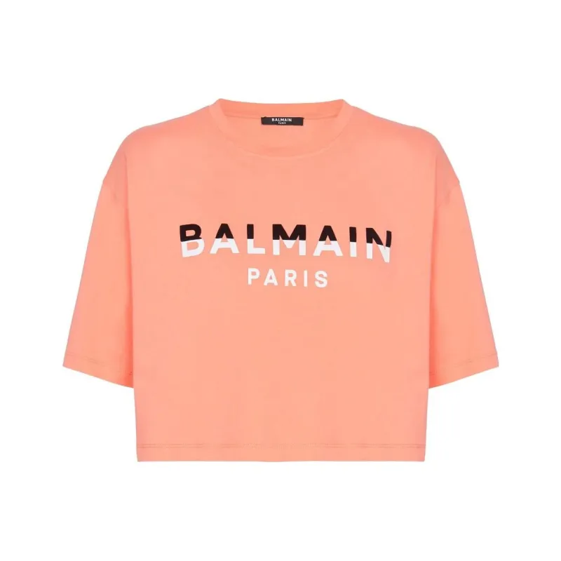 BALMAIN Flocked Logo Cropped T Shirt 'Salmon/Black/White'-0